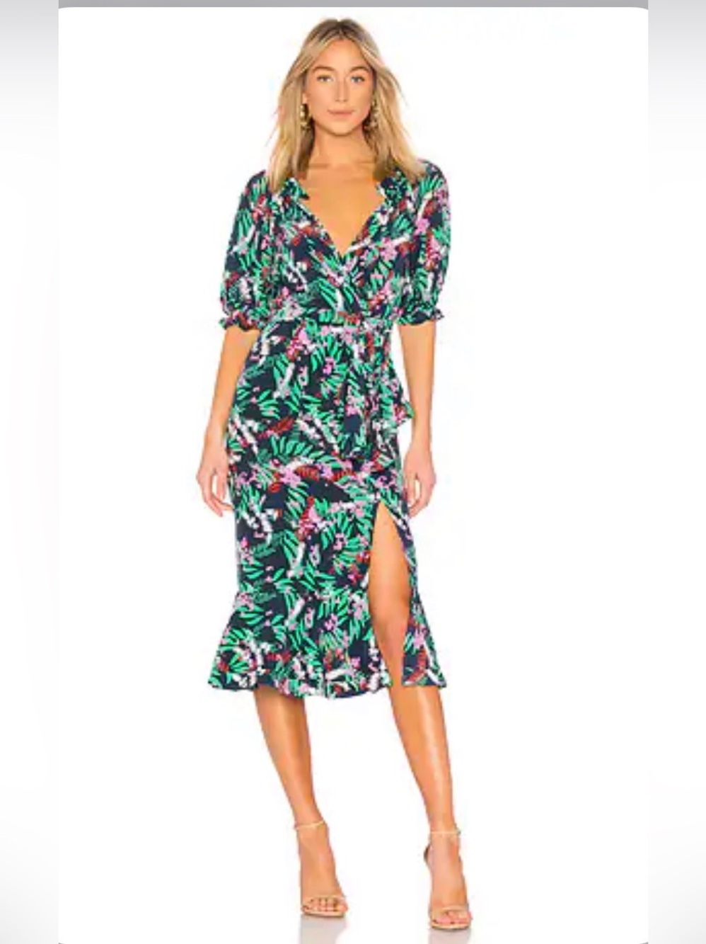 SALONI Olivia Dress Midnight Fern Navy Floral Tie-Front Puff Sleeve Midi Size 8